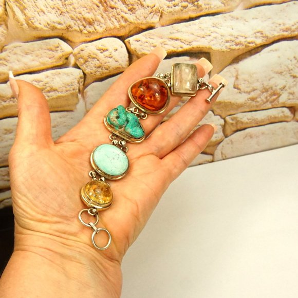 MULTI GEM HEAVY LINK BRACELET WITH TURQUOISE SNAKE, Very rare to find - Picture 2 of 11